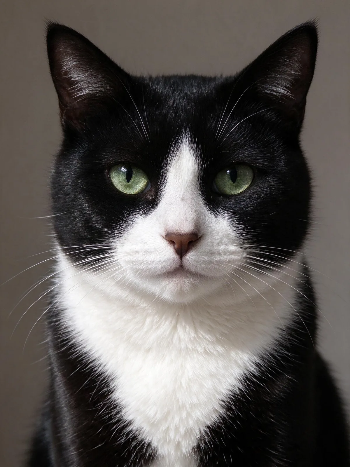 Black and white tuxedo cat with green eyes and a white chest