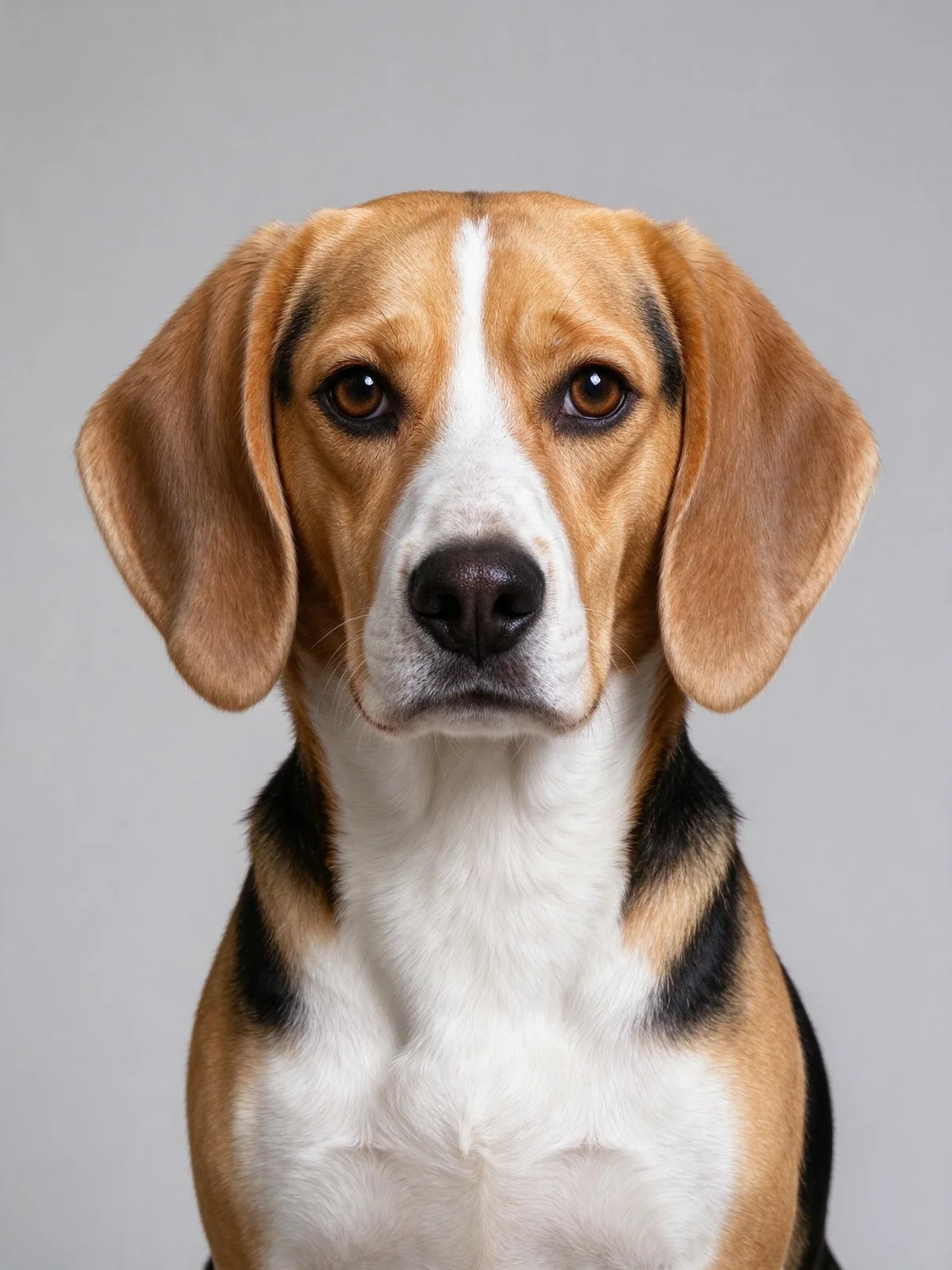 Tricolor beagle with brown eyes, long ears and a white blaze