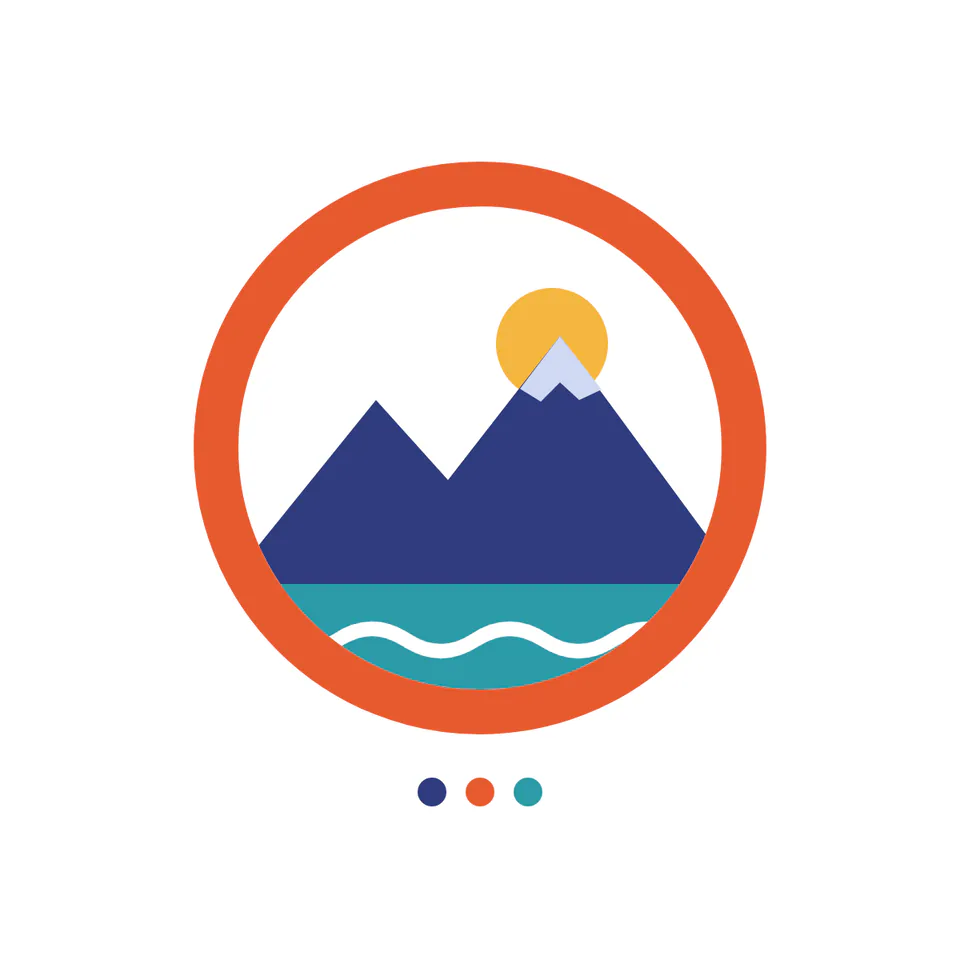 An original round logo with an orange ring, two navy mountains, a yellow sun and a teal lake with a white wave, on a plain white background