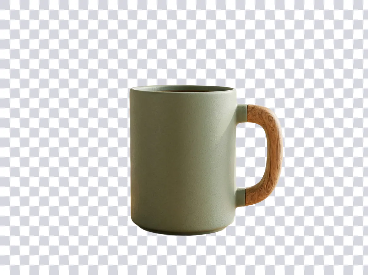 The mug alone on a transparent checkerboard background, with the gap inside the handle transparent too