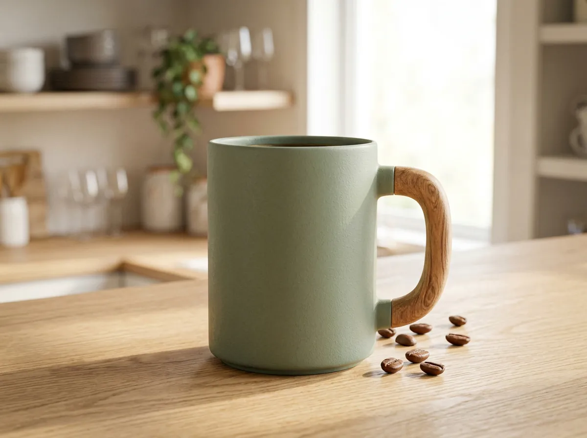A sage-green ceramic mug with a wooden handle on an oak kitchen counter, with coffee beans beside it and a blurred kitchen behind
