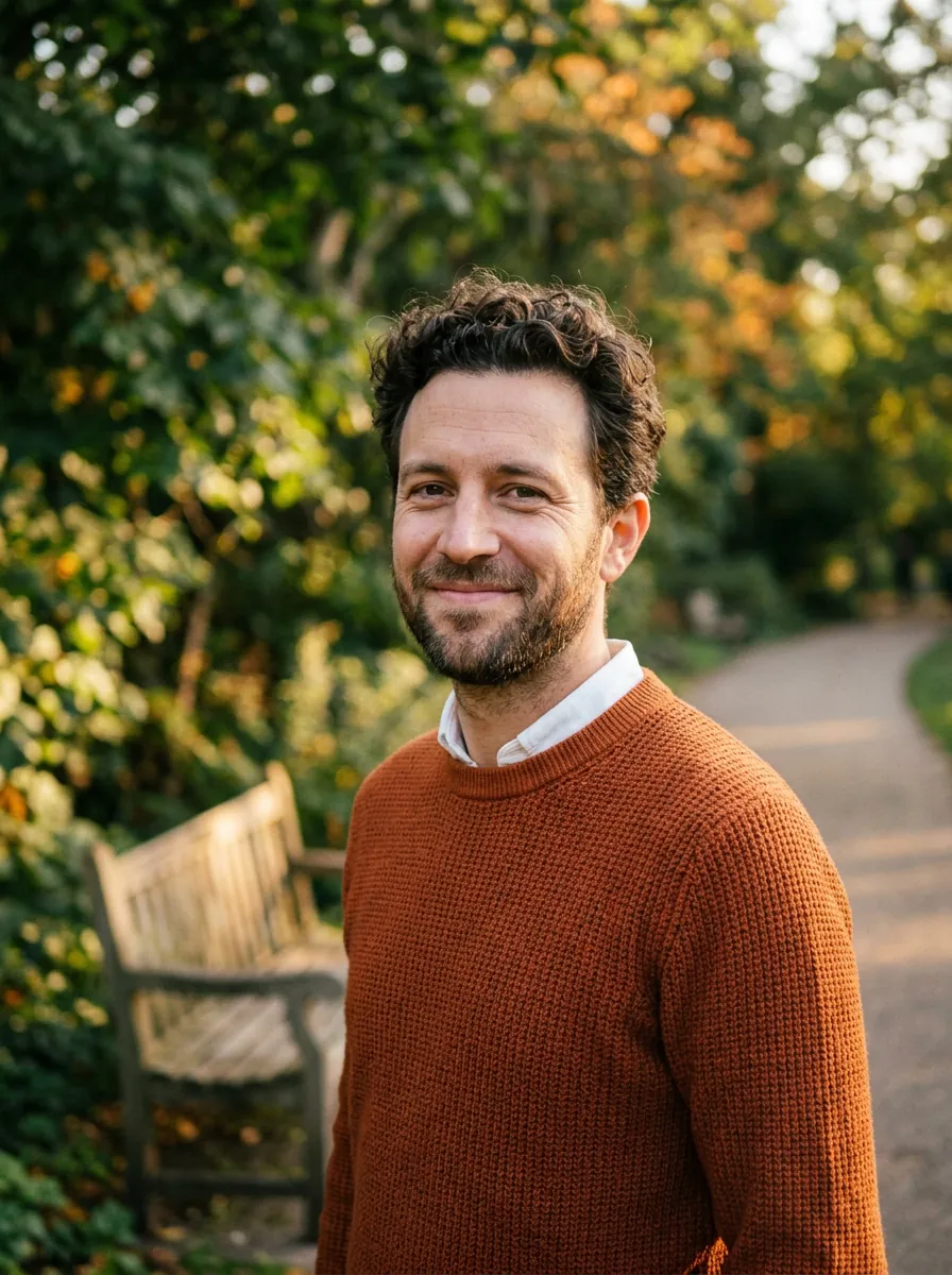 A man with curly dark hair and a beard in a rust-orange sweater, standing in a sunny park with trees and a wooden bench behind him