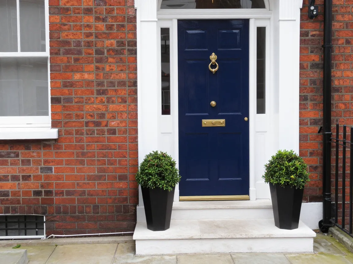 The same front door with brick wall and a basement window grille where the bin used to be