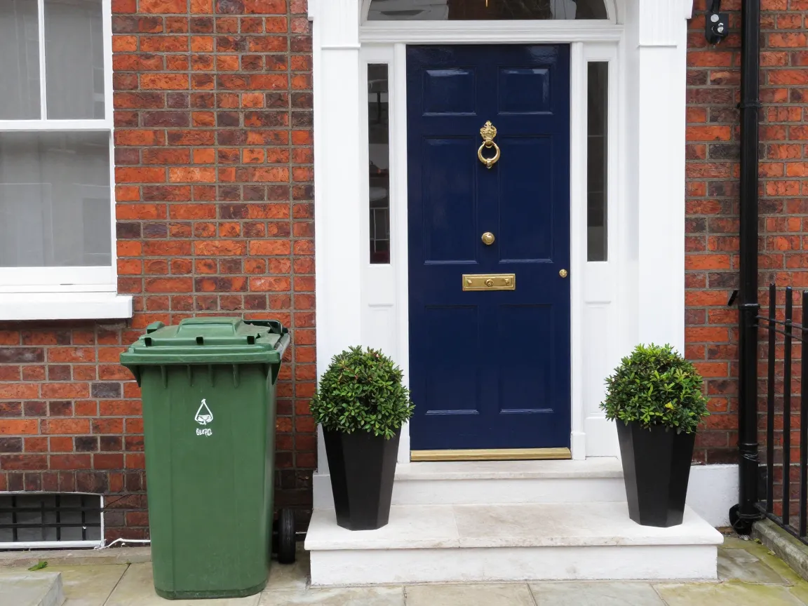 A navy front door with two potted plants, a green wheelie trash bin standing against the brick wall on the left