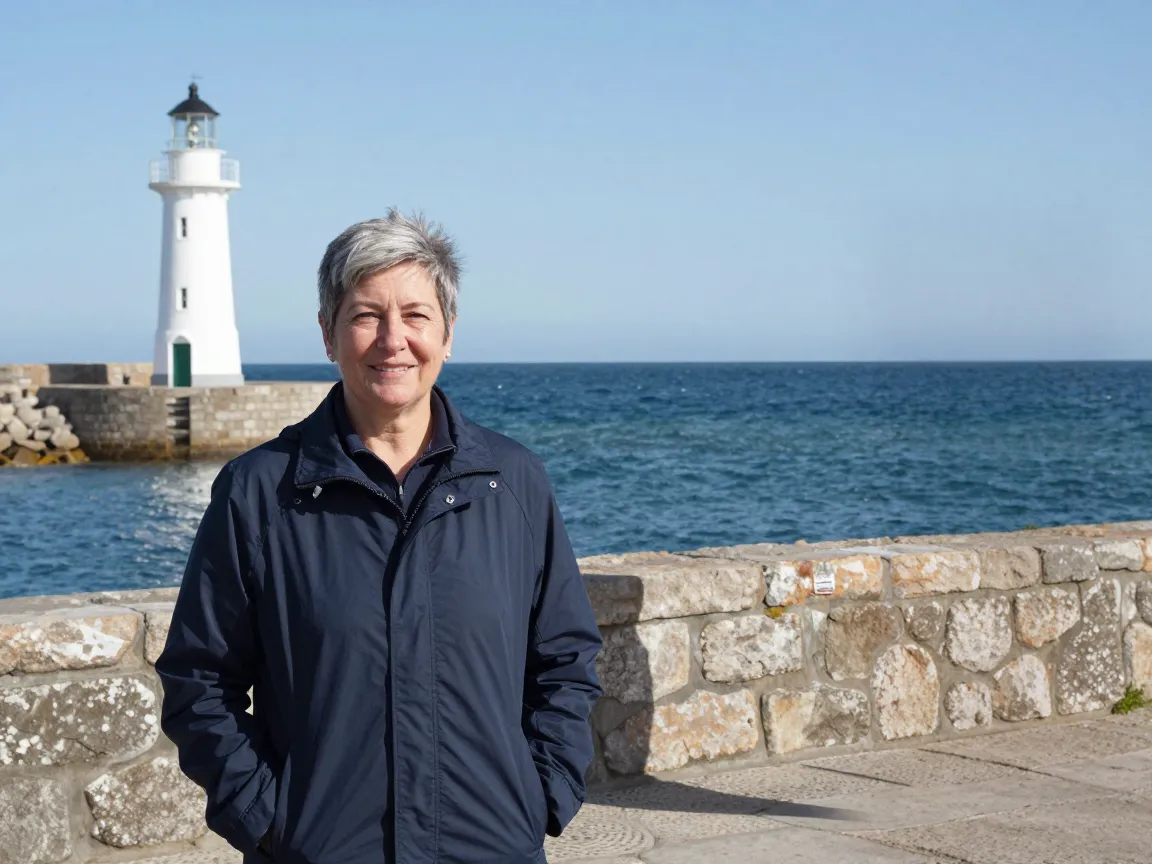 The same harbor photo with only the woman, sea and stone wall behind her