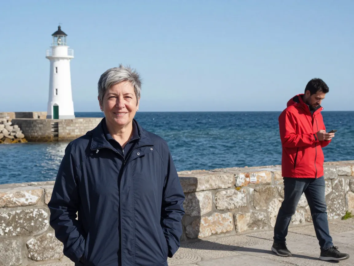A woman with short gray hair at a harbor wall, a man in a red jacket walking behind her looking at his phone