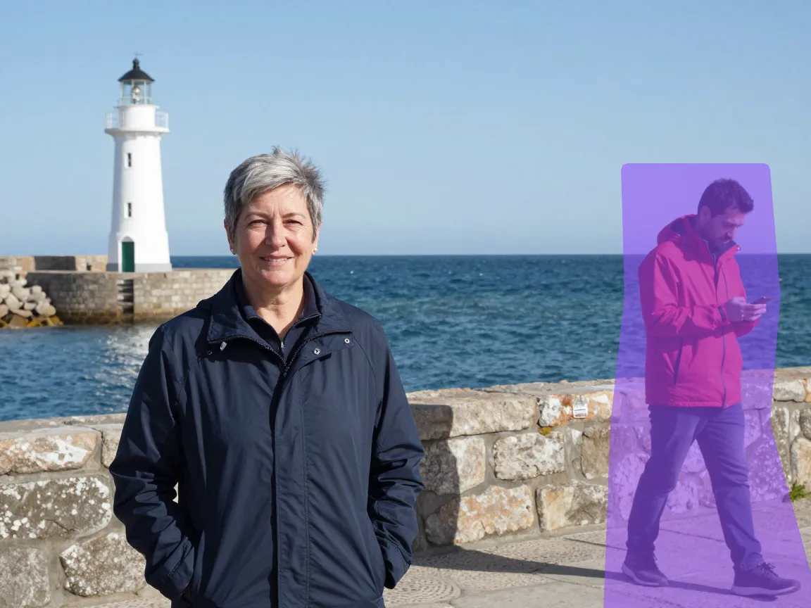 The harbor photo with the man in the red jacket and his shadow covered by a purple painted area
