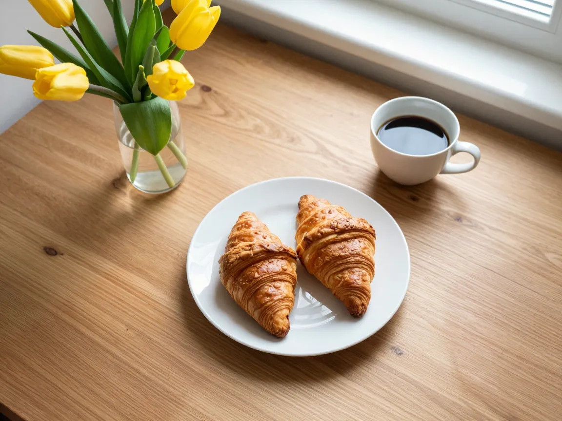 The same table with only the croissants, coffee and tulips on clean wood