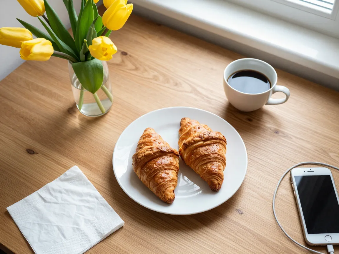 A breakfast table with croissants, coffee and tulips, a crumpled napkin bottom left and a phone with a cable bottom right