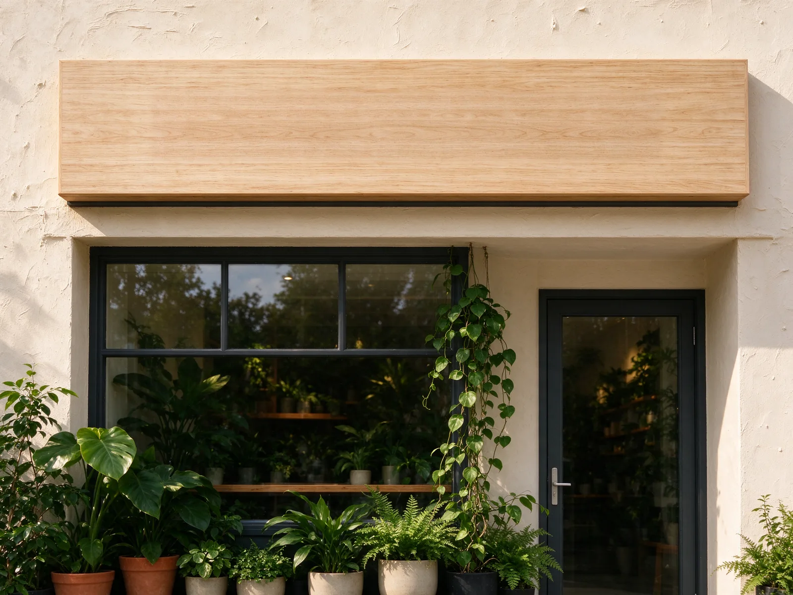 The same shop with a blank wooden sign and visible horizontal grain
