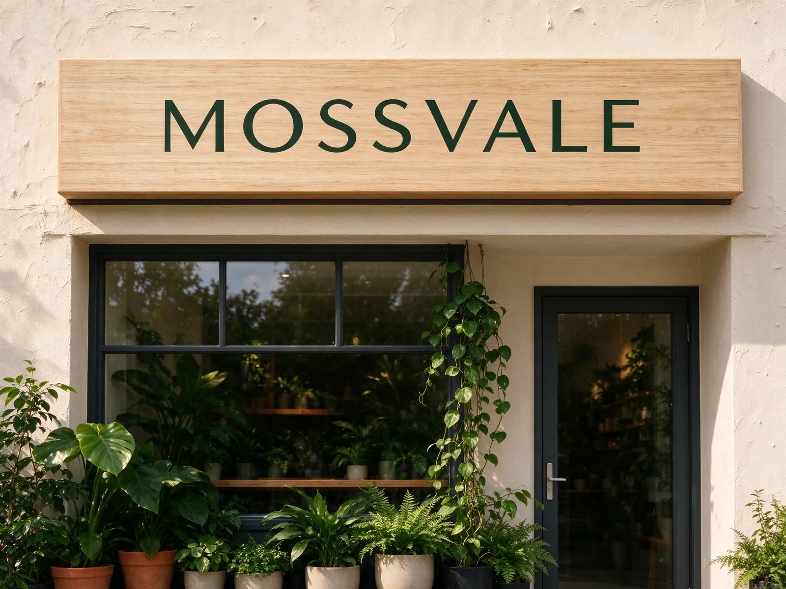 A generated plant shop with MOSSVALE lettering on a pale wooden sign