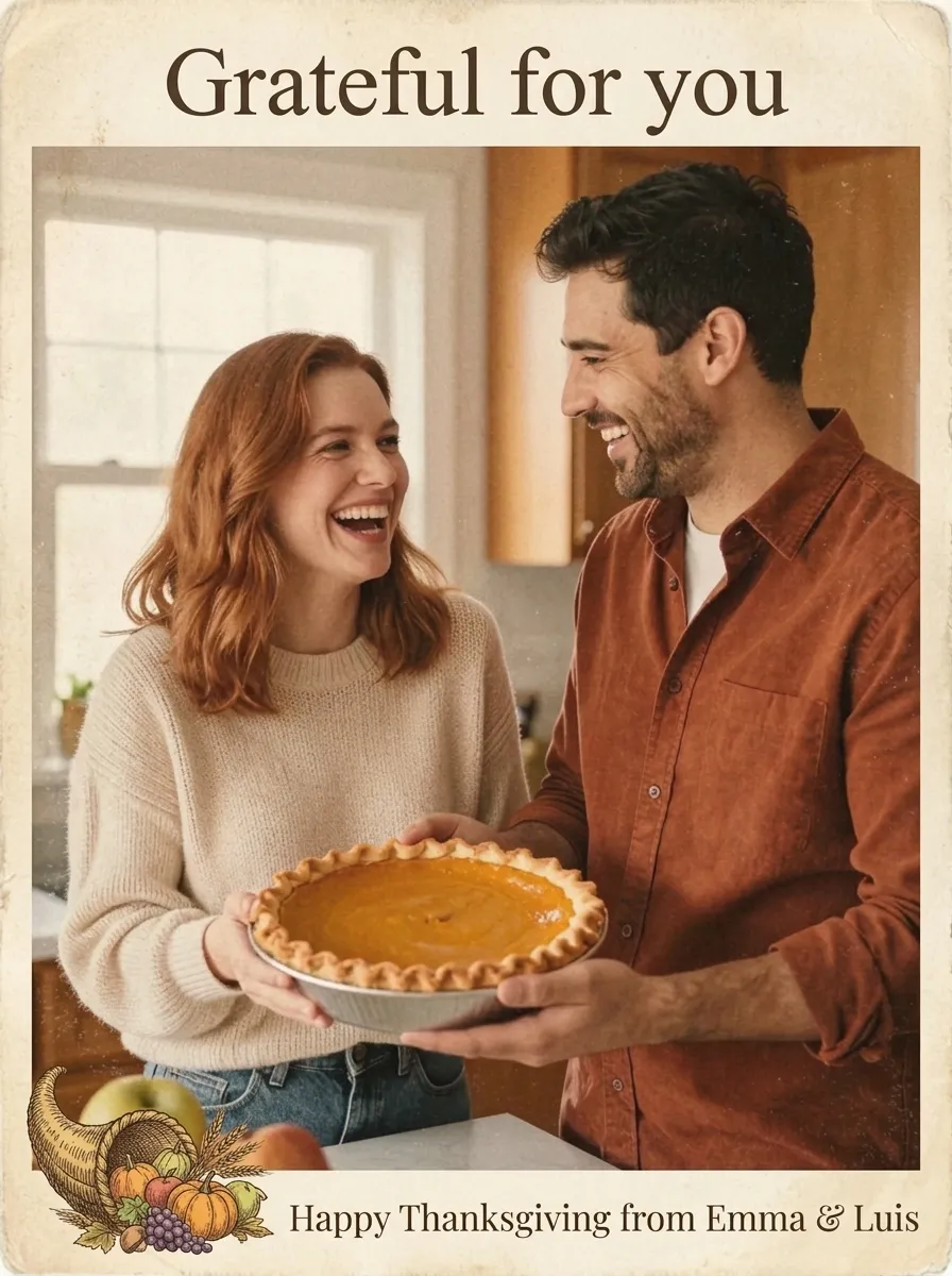 A vintage postcard-style card with a worn cream border, a small cornucopia and the words Grateful for you and Happy Thanksgiving from Emma and Luis