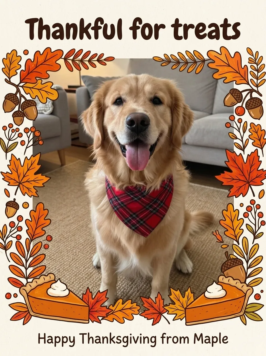 A playful illustrated card with autumn leaves, acorns and pie slices around the dog and the words Thankful for treats and Happy Thanksgiving from Maple