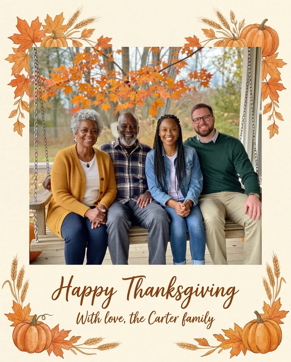 A cream Thanksgiving card with painted maple leaves, pumpkins and wheat around the family photo and the words Happy Thanksgiving, With love, the Carter family