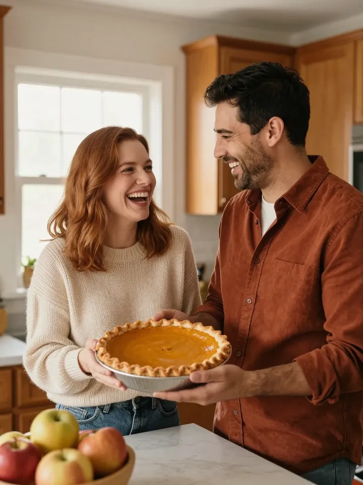 A couple laughing in a kitchen while holding a pumpkin pie