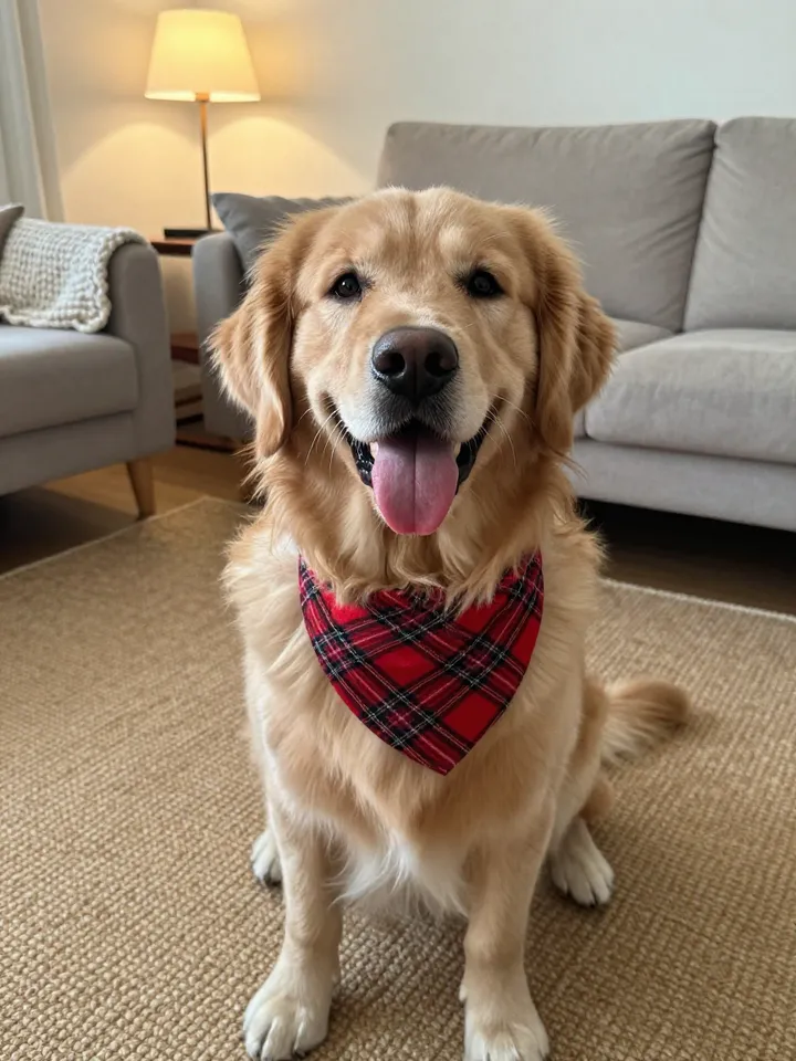 A golden retriever in a red plaid bandana sitting on a rug