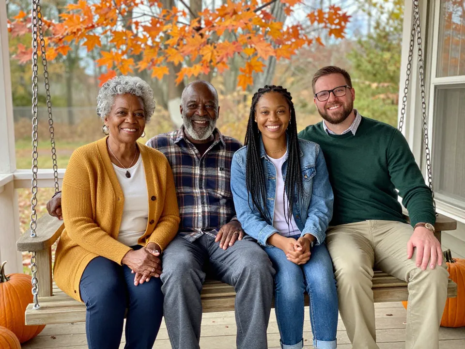 A family of four adults sitting on a porch swing under orange maple leaves