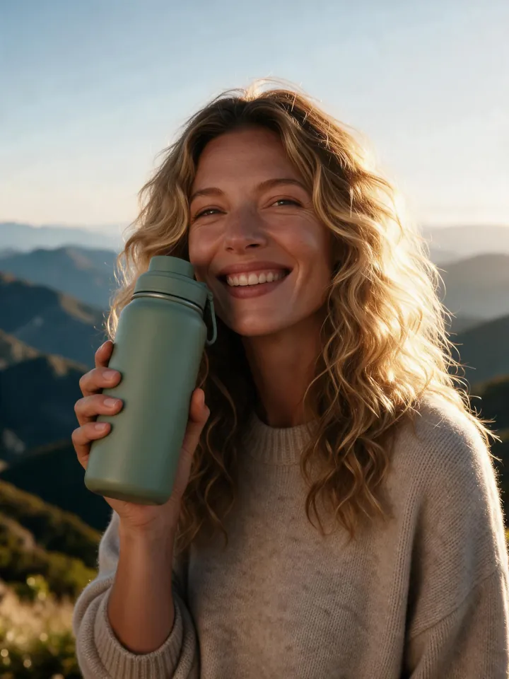 The AI creator holding a matte sage-green bottle beside her face on a mountain viewpoint