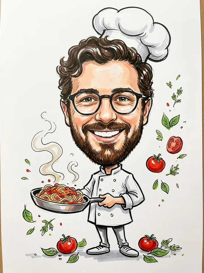 An ink and marker caricature of the man as a chef in a white hat holding a pan of pasta, with tomatoes and herbs around him