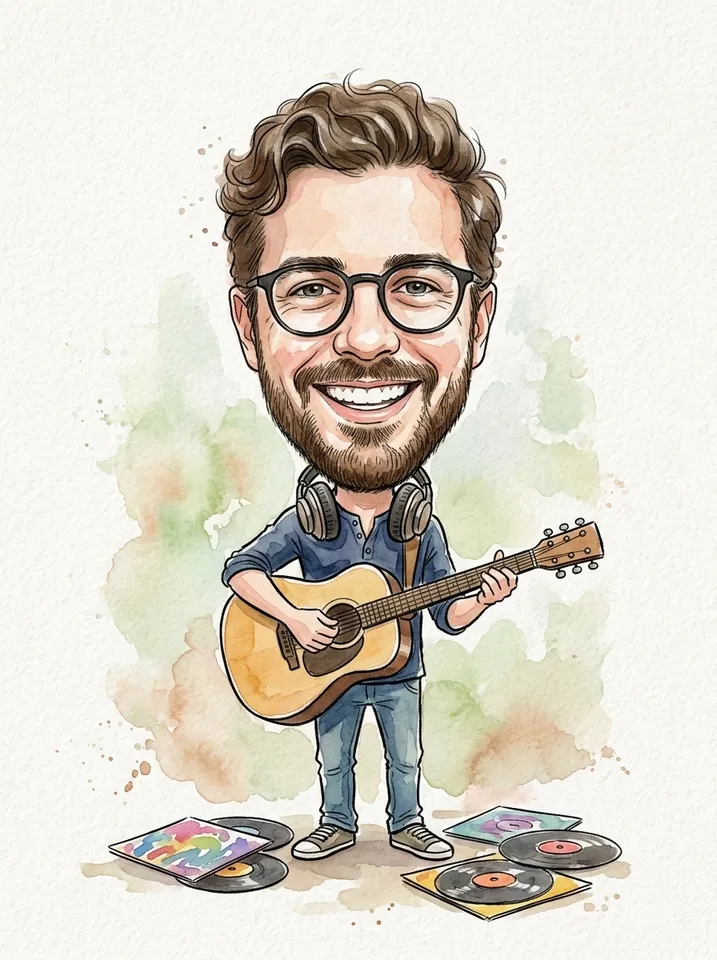 A watercolor caricature of the man playing an acoustic guitar with headphones around his neck and records at his feet