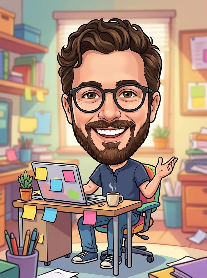 A polished digital cartoon caricature of the man at a desk with a laptop, sticky notes, a coffee mug and a plant