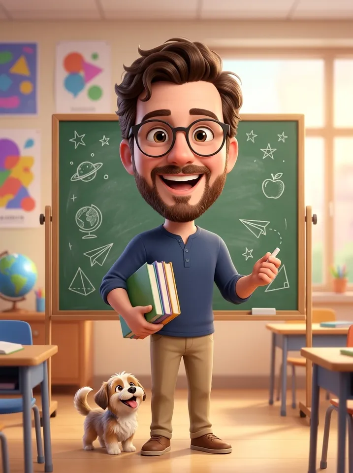 A 3D animated style caricature of the man as a teacher in front of a chalkboard holding books, a small dog at his feet