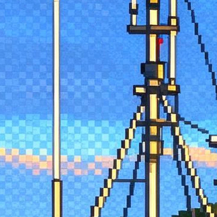Close-up of a pixel art sky where two blues alternate in a checkerboard next to a boat mast