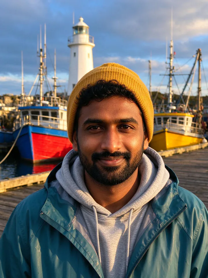 A smiling bearded man in a mustard knit beanie and teal rain jacket on a wooden pier, with a white lighthouse and red, blue and yellow fishing boats behind him