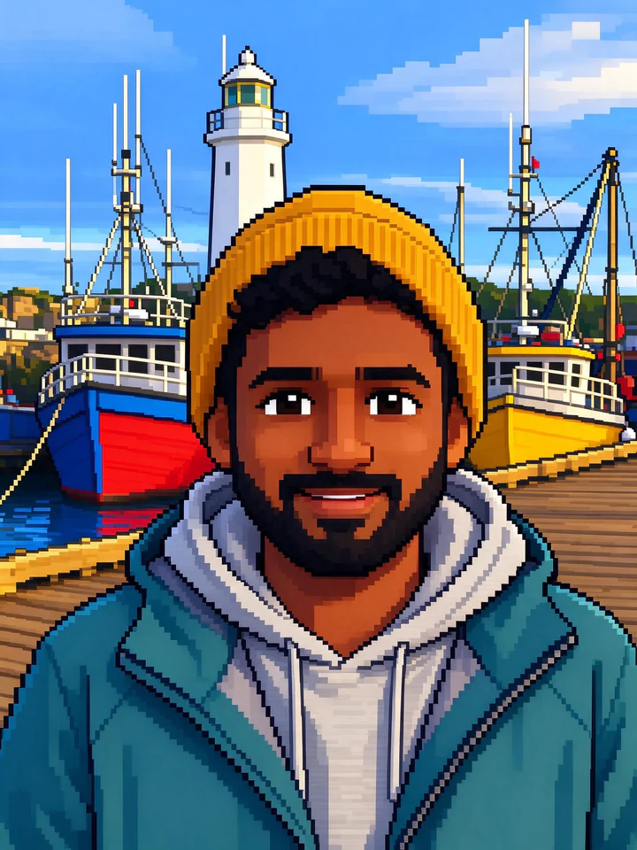 The harbor photo redrawn as 16-bit pixel art, the man as a cute game character with big eyes and crisp outlines in front of pixel boats and a lighthouse