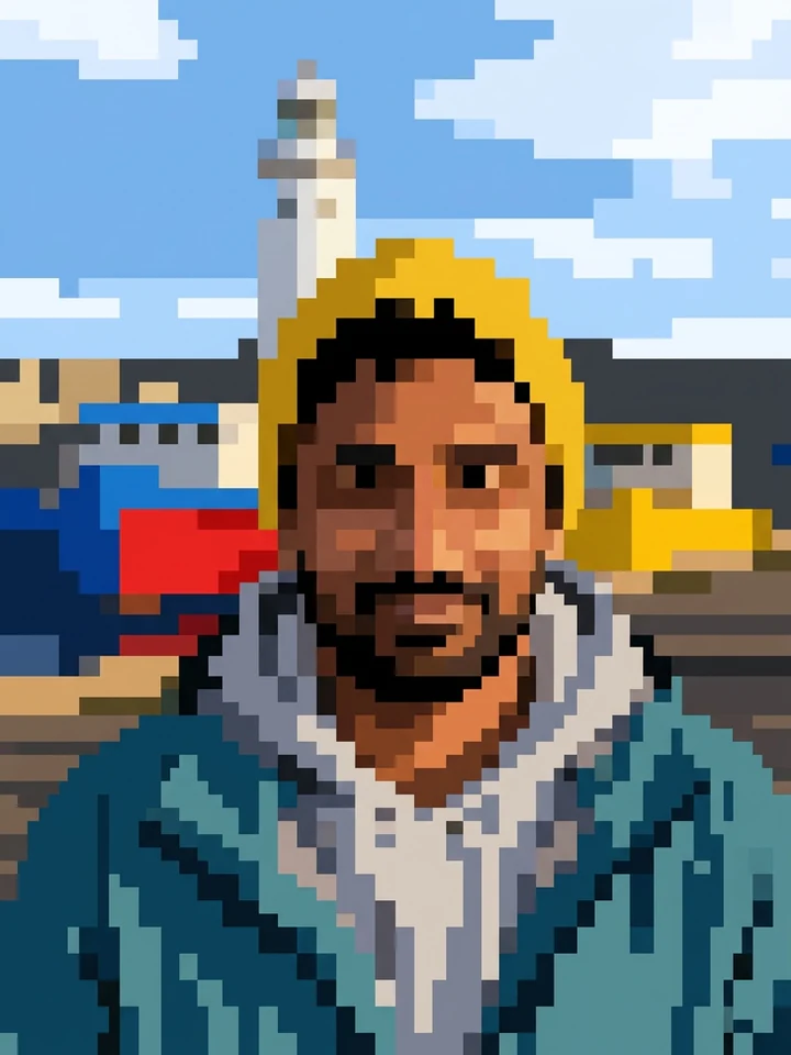 The harbor photo redrawn as very chunky pixel art, the face only about a dozen blocks wide under a yellow beanie, with a blocky lighthouse and boats