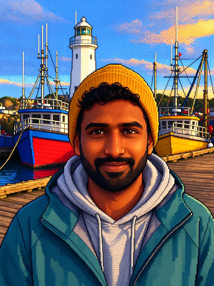 The harbor photo redrawn as detailed pixel art with small square pixels, a dithered sunset sky and the man's face close to the photo