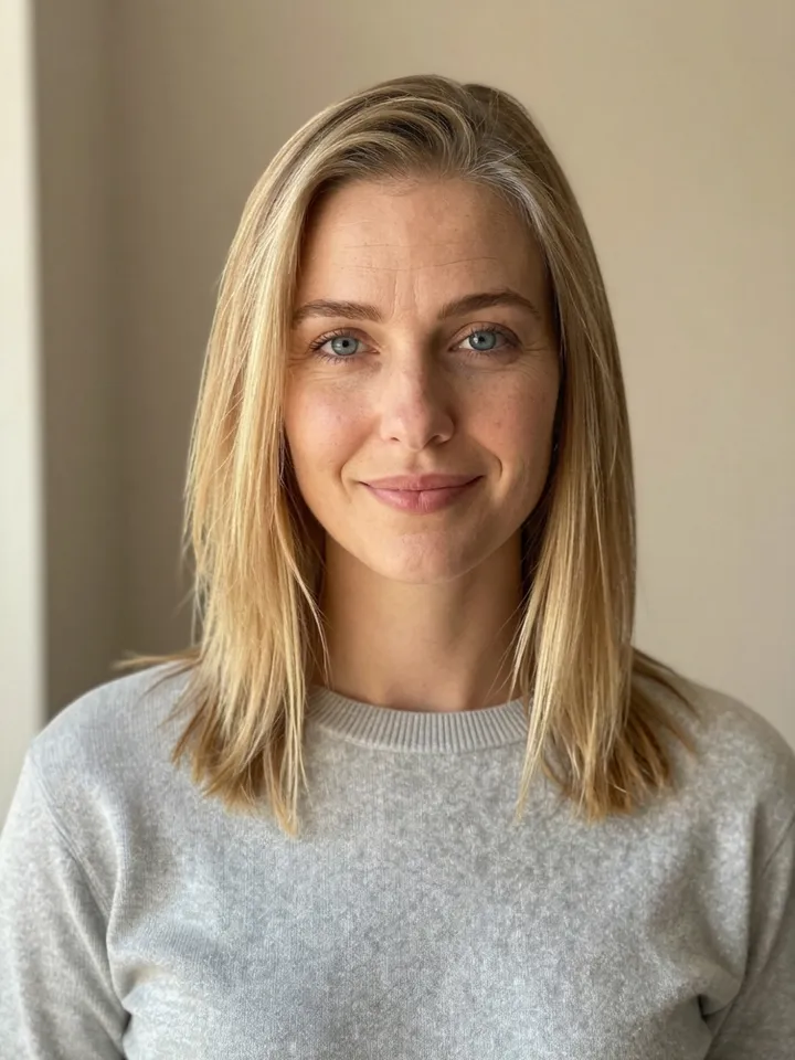 The same woman at about 40 with fine lines around the eyes and a few gray strands