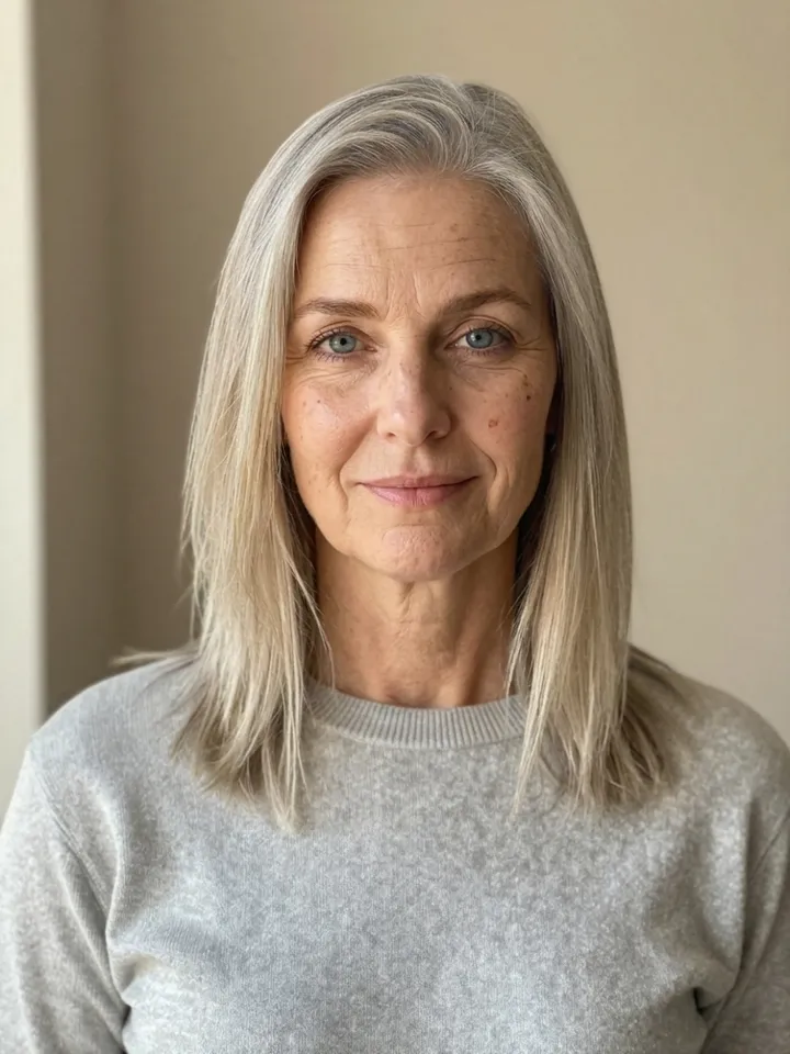 The same woman at about 60 with silver-blonde hair, deeper lines and some age spots