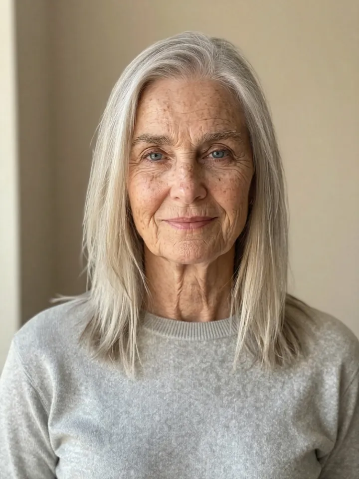 The same woman at about 80 with silver-white hair and deep wrinkles across the face and neck