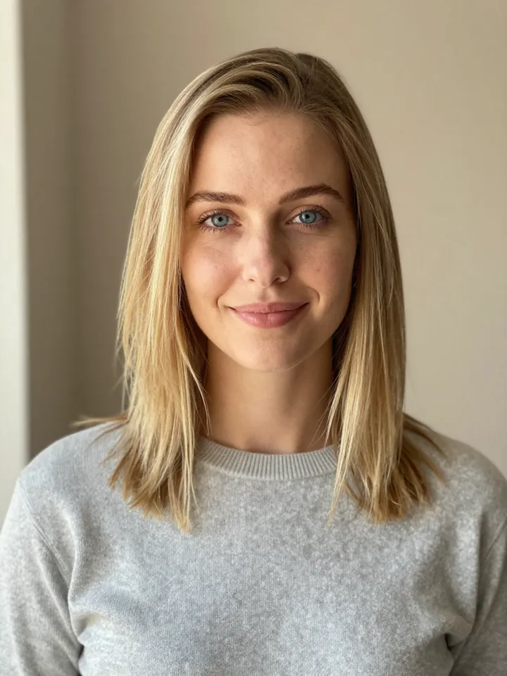 Portrait of a woman in her mid-twenties with straight blonde hair, blue eyes and light freckles in a gray sweater