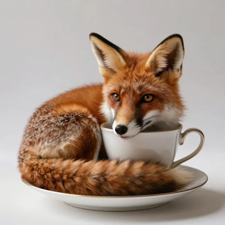 A small red fox curled up in a teacup, generated by Z-Image Turbo