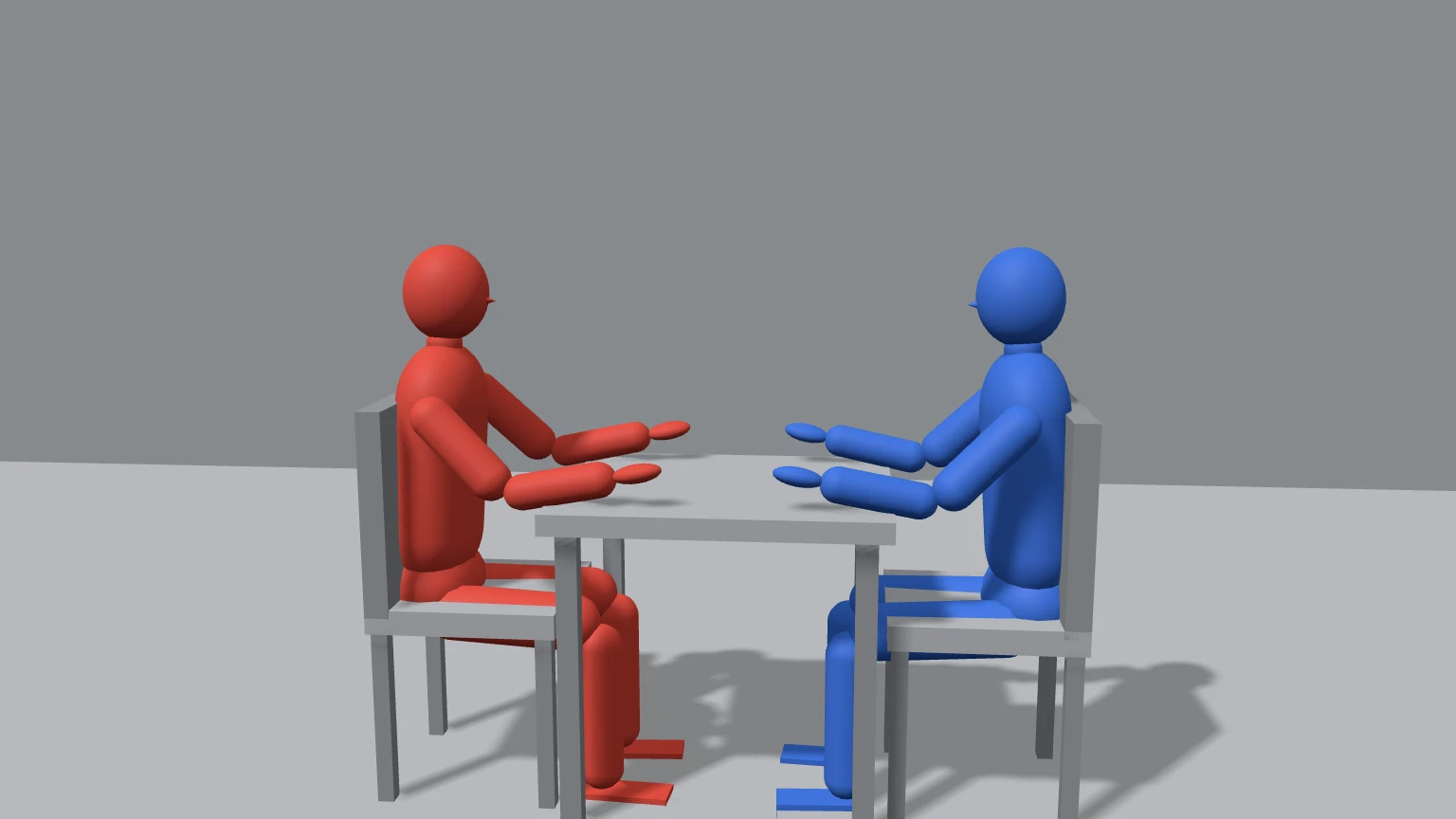 A grey clay render of two figures at a café table