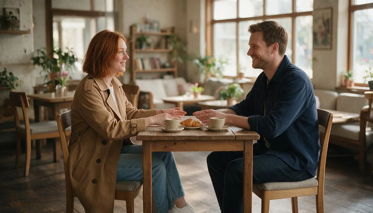 The same scene rendered as a sunlit café with two people
