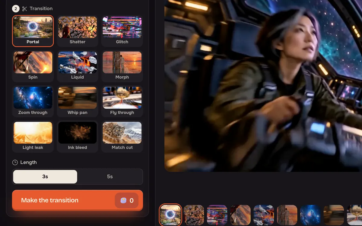 The AI Transitions panel with two photo slots, the transition grid and the Make the transition button