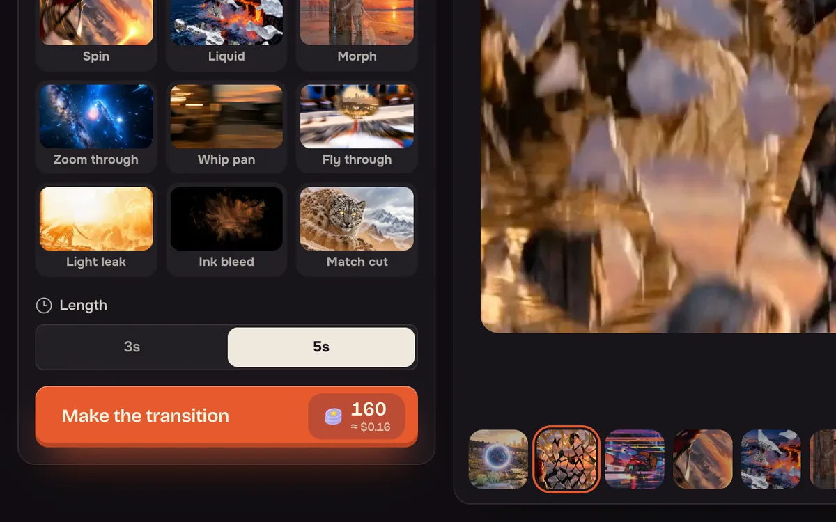 The 5s length selected and the Make the transition button with its credit price