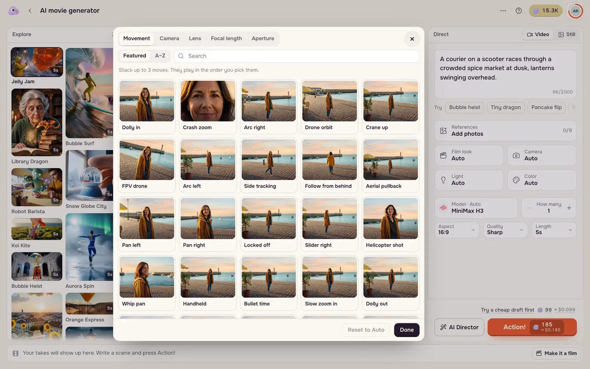 The camera picker open on the Movement tab with previews of Dolly in, Crash zoom, Arc right, Drone orbit and more