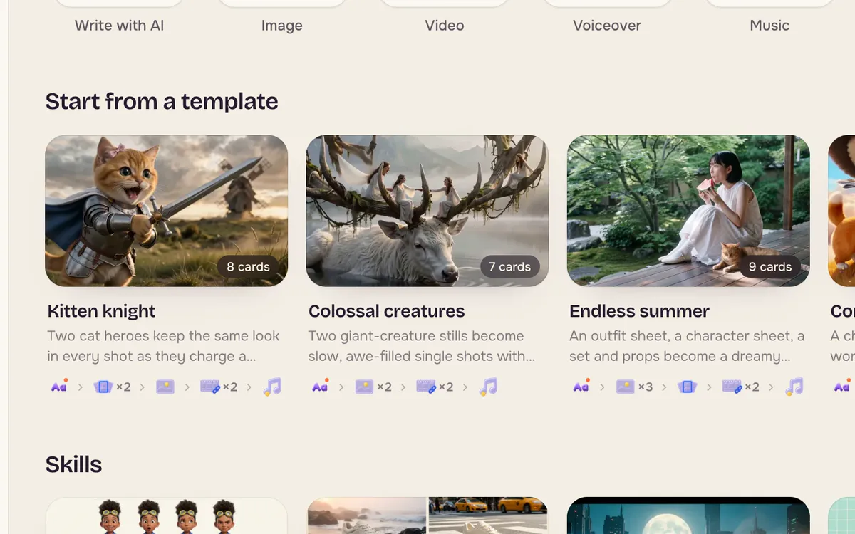 The Canvas home with a Blank canvas button, quick-add cards and a row of starter templates