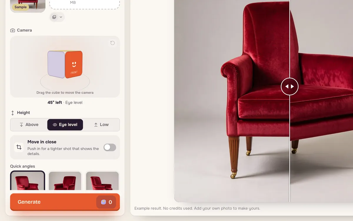 The example armchair loaded with the original and the result side by side