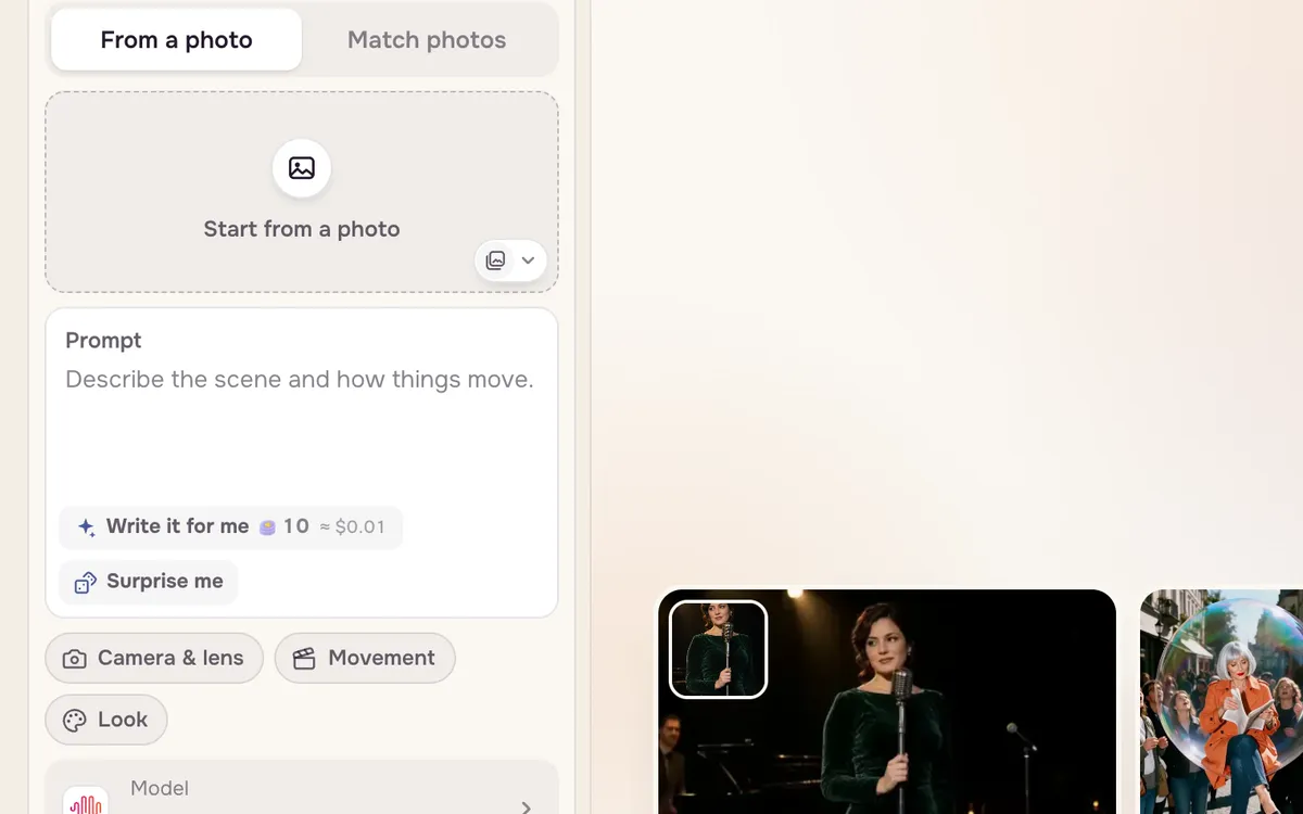 An empty text to video prompt box in Create video