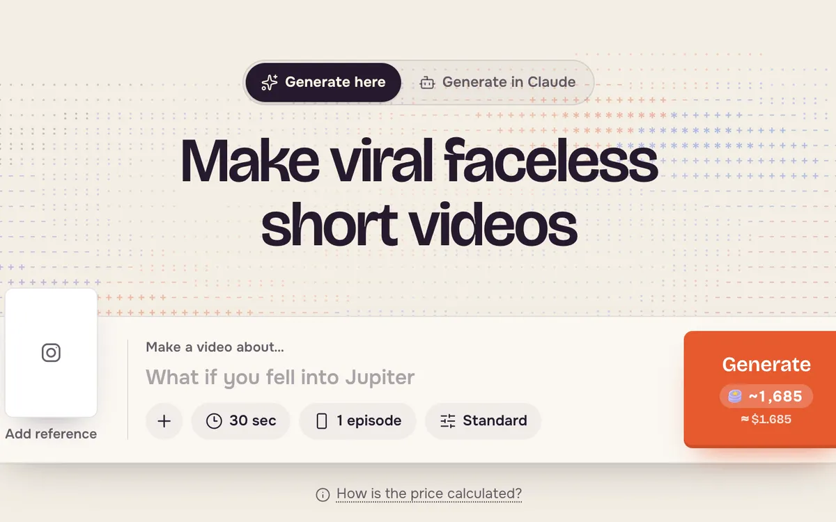 The Content Factory page with the topic box, length and episode settings, and a row of trending styles