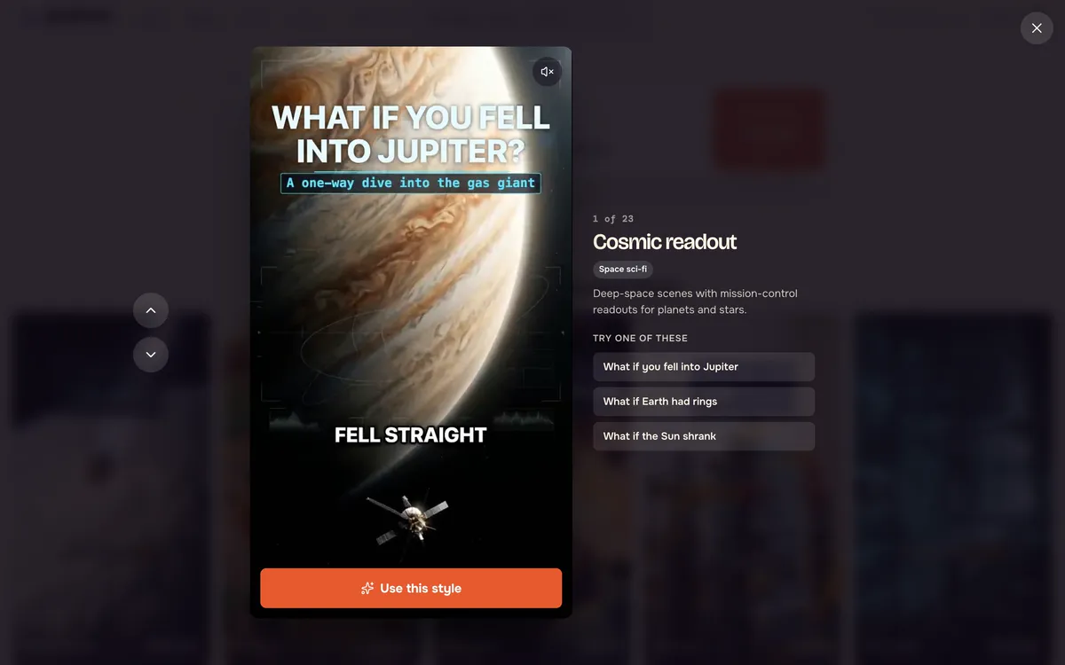 The Cosmic readout style preview playing a sample episode with suggested topics beside it