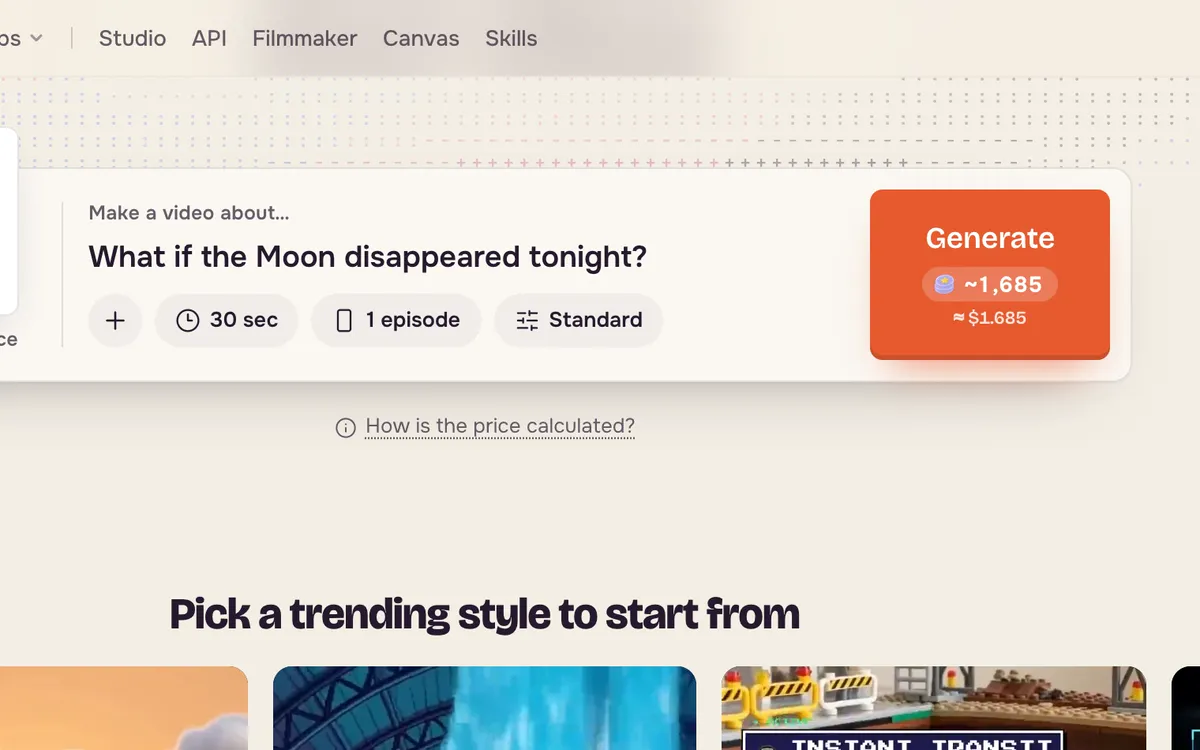 The topic What if the Moon disappeared tonight entered with the 30-second length and Generate button