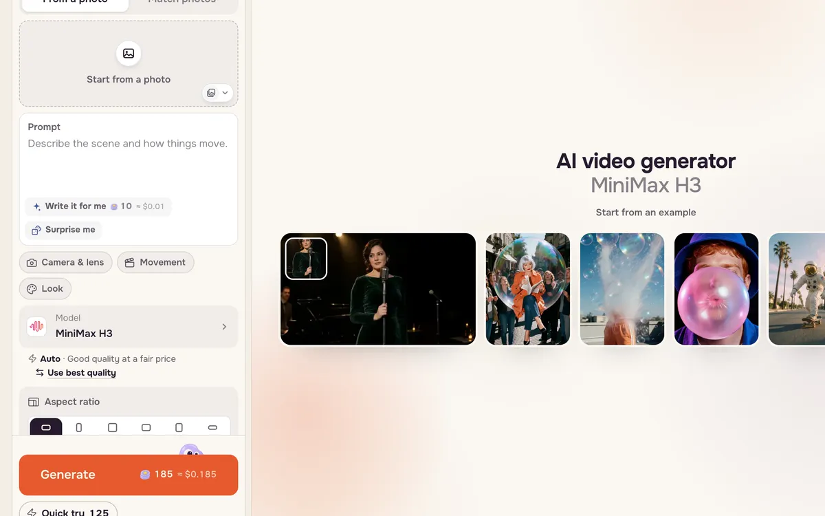 The Create video panel with the empty photo slot, prompt box, model picker and orange Generate button
