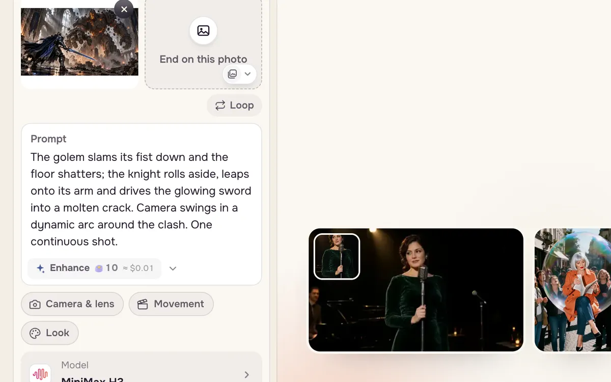 The prompt box filled with a description of the golem's attack, the knight's dodge and an arcing camera move