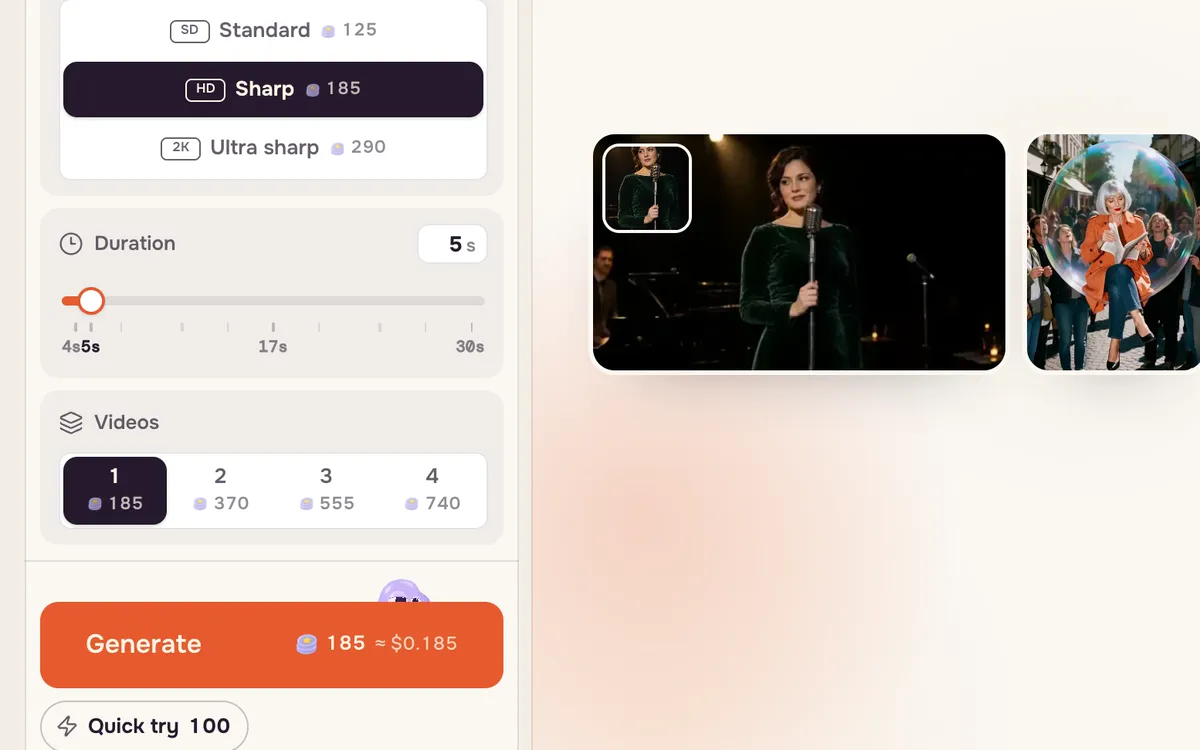 The resolution list with Standard, Sharp and Ultra sharp, plus duration and number of videos above the Generate button
